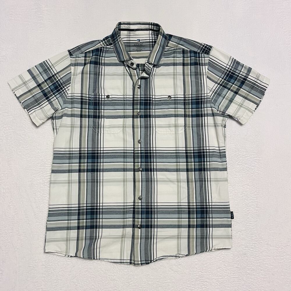 Kuhl Styk Button Up Short Sleeve Shirt Men Sz L White Blue Grey